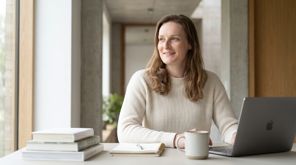 Hanna am Schreibtisch mit Laptop und Büchern
