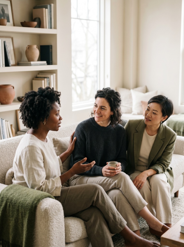 Drei Frauen im Gespräch auf dem Sofa